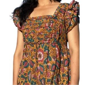 NWT House Of Harlow 1960 Jackie Mustard Floral Print Smocked Maxi Dress